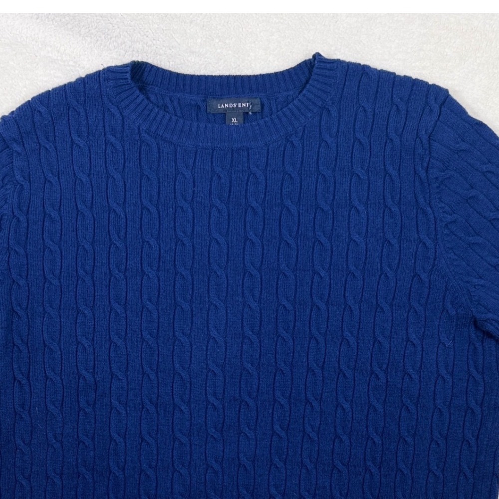 Lands' End Blue Cable Knit Sweater XL 18-20 Cotton Wool Blend Crewneck Pullover